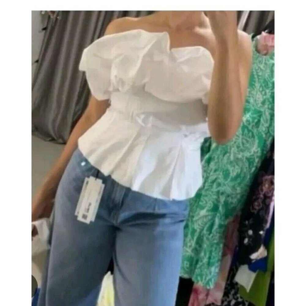 Zara Voluminous Puff Poplin Strapless Top White Size Small NWT 2649 545 - Picture 2 of 6